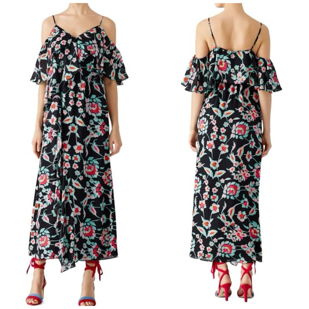 Tanya Taylor Lorena Dress Silk Mosaic Black Floral Striped Layered, size 0